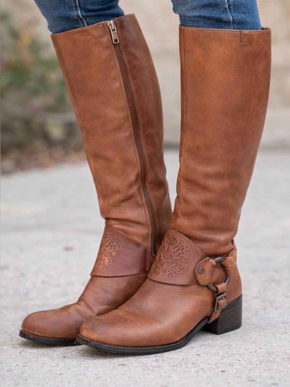 Vince Camuto Cognac Brown Leather Embossed Mid-Calf Boots - Size 7